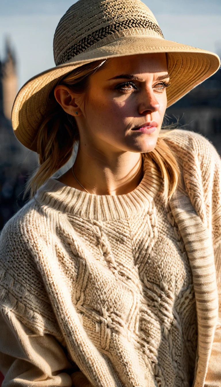 Emma Watson, portrait of skswoman, anger , wearing sun hat and sweater , with dirty blonde Ponytail, background The Tower of Shadows, epic (photo, studio lighting, hard light, sony a7, 50 mm, matte skin, pores, colors, hyperdetailed, hyperrealistic),