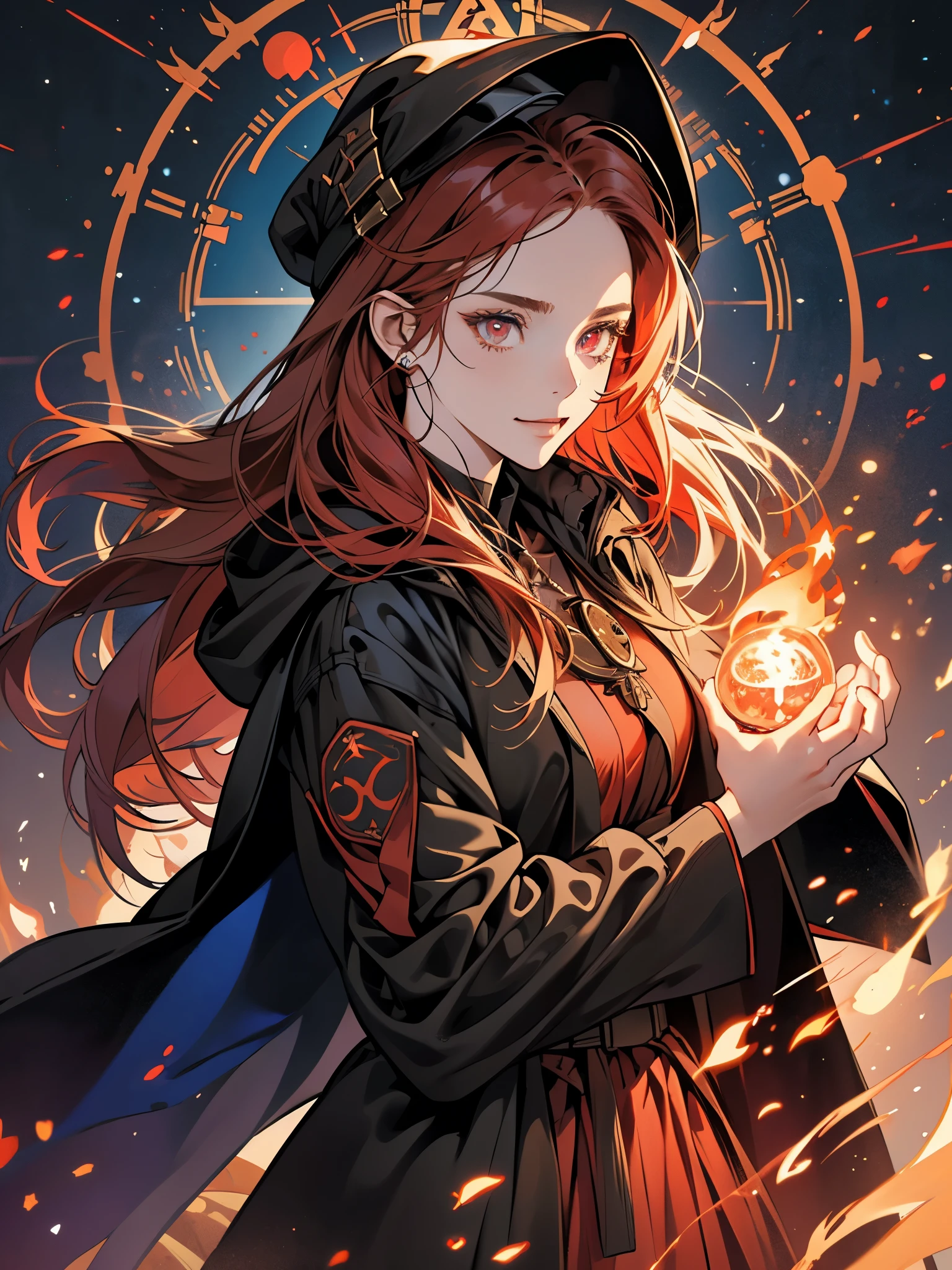 colorful portrait illustration, (attractive female as a black mage, hood covering part of the glowing red eyes, red hair coming out of the hood, magician_robes), (necklase, bagged, fallen belts, evil smile, highy detailed face, work of art, best qualityer), highy detailed, (in a  dungeon), magician dark, (large circles with glowing runes around them), fire and ice stalactites, Conjuring a spell, ultra-high resolution, by Alexandre Calame and Alyssa Monks and Shigeru Ban
