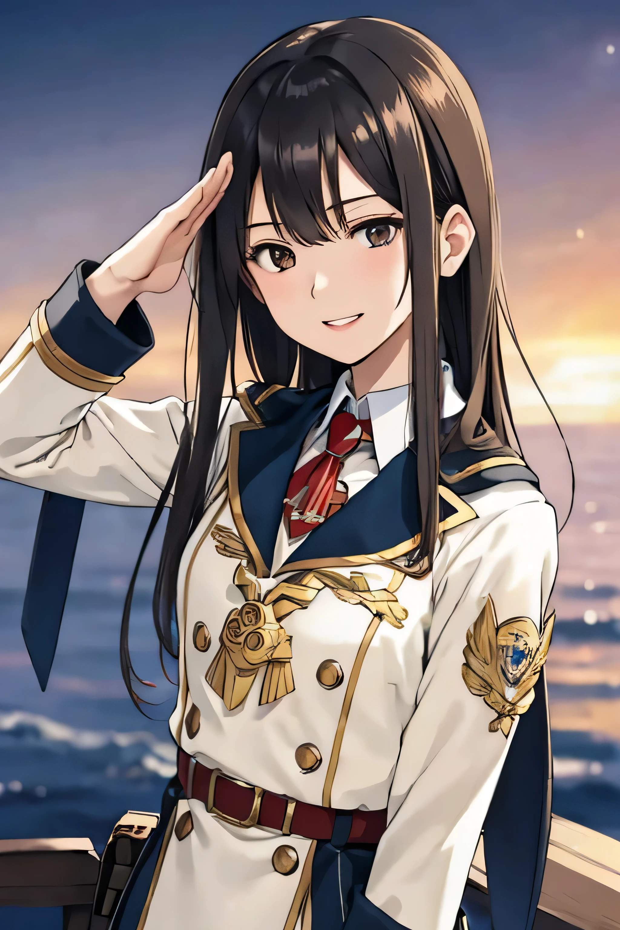 1girl,solo, long straight dark hair, white skin, blush,2000s,masterpiece,ultra-detailed,high resolution,perfect body,detailed long hair,detailed brown eyes, anime, (illustration:1.0), beautiful fingers, beautiful hands, moon face, cinematic lighting, small breasts, masterpiece, best quality, depth of field, official art, dynamic angle, close to viewer, from above, light smile, salute, half closed eyes, {slender}, {{standing on a high place}}, {{background is ocean}}, {{{battleship}}}, {strong wind}, detailed sky, floating hair, beautiful detailed hair, detailed clothes, {{naval uniform}}, {{army commander uniform}}, {{insignia}}, Lots of medals, hair accessories, bird in flight, {{masterpiece}}, {{best quality}}, {{intricate detailed}}, {{high resolution}}, {{extremely detailed CG}}, {{ultra-detailed}}, {{an extremely delicate and beautiful}},