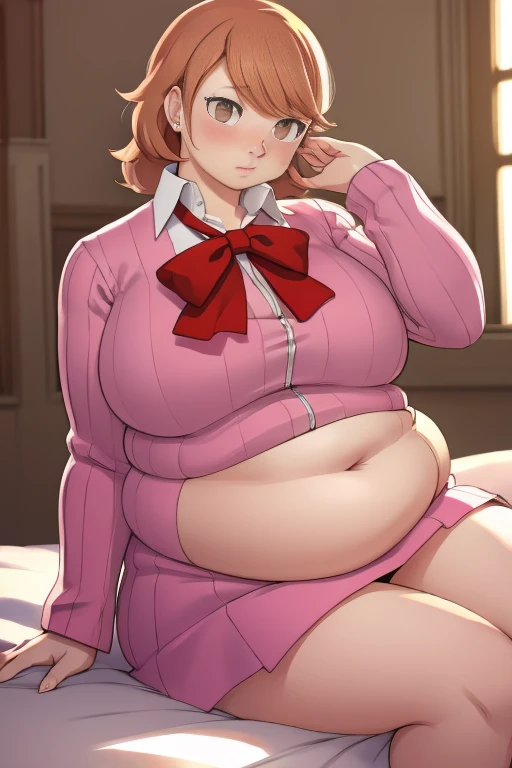 ((masterpiece)), (best quality), official art, extremely detailed CG, unity 8k wallpaper, ultra detailed, highly detailed, detailed background, vivid color, perfect lighting, best illumination, 
1girl, solo, takeba yukari , looking at viewer, hand in own hair, school uniform, bow, skirt, ((big rotund plump belly, bulging stomach, blushing)), ((embarrassed, flustered)), fat, big belly, horny, sitting down, ((long sleeves))
 