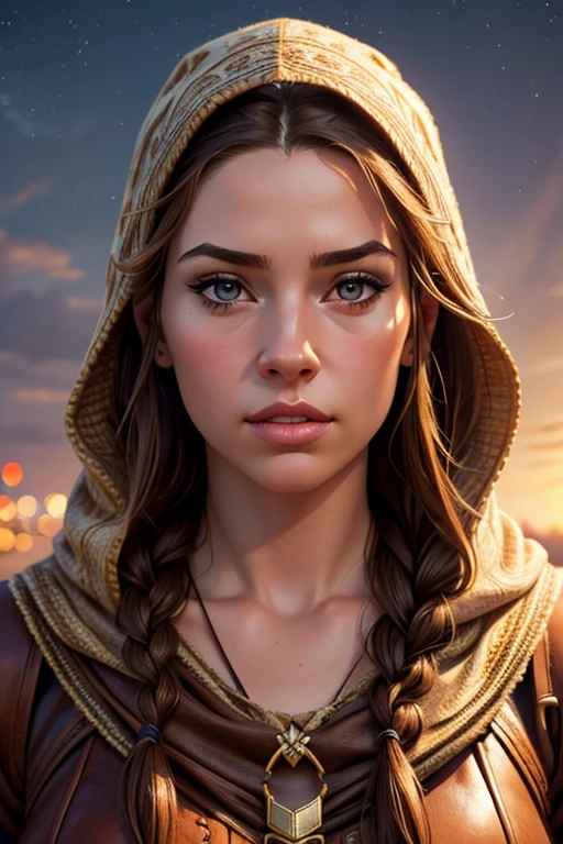 1girl, intricate detailed portrait, long brown braided hair, slightly parted lips, american plan, pointed ears, high resolution, masterpiece, anatomically correct, extreme detailed description, ahoge, drooling, POV, hood, bokeh, illustration, (best quality,4k,8k,highres,masterpiece:1.2),ultra-detailed,(realistic,photorealistic,photo-realistic:1.37)