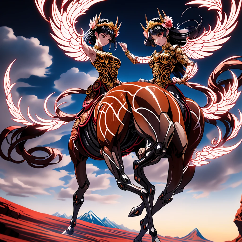 In the beautiful illustration of this super-grand scene，The ultra-long-range lens is shown（Eight unique centaur characters9.9），They all have their own characteristics，Vivid and interesting。Radiant angelic centaurs from the heavenly realm，To the hellish centaurs surrounded by nightmarish flames，And then to the Wind Immortal Centaur dancing in the air，There are also one-horned centaurs surrounded by thunder and lightning，and mechanical centaurs that shine with metallic light，And then to the powerful dragon centaur with colored dragon scales covering the whole body，The elegant and agile elf centaur always wears a flower crown with its slender and graceful lines，Enchanting and charming Tiflin centaurs。Each character has their own unique charms and abilities。The illustration uses advanced artistic techniques and tools，（Divide the scene into sections by geometric arrangement：9.9），Each section corresponds to a centaur character，This makes more efficient use of space。Through Midjourney's advanced brush tools、Color palette、Material packs and model packs，Exquisite costumes and equipment are designed for each centaur，Enhances the character's personality and visual appeal。The scenery in the illustrations is stunning，There are changing skies、rainbowing、extreme light、Stars and Moon。Incorporating iconic landmarks such as Mount Everest，and fireworks、tranquil lake、Natural and urban elements of waves and neon lights，Creates a magical atmosphere。The centaurs showed off their skills and equipment in a variety of environments，This is true even in extreme alien landscapes。（Use Midjourney's tools、Material packs、Texture tools、The color palette makes depicting details vivid and realistic9.9），From intricate hairstyles and clothing to authentic textures，Enhances the realism of the characters and surroundings。The fusion of multiple art styles adds movement to the centaur's movement at all angles，The overall visual experience is further enriched。The final illustration was described as a "master