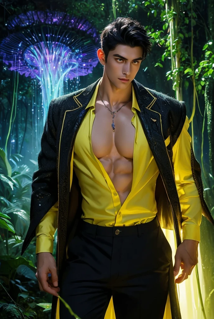 Oil painting of a strikingly tall handsome young man with a lean, muscular build stands in the heart of a mystical forest at twilight, solo, perfect facial features, smooth skin, a hot glow in his skin, sexy gaze, looking at the viewers romantically, sexy expression, sexy posture, short hairstyle, ((wearing (yellow color exquisite shirt) and black pants, jewellery), (open shirt showcasing chest and abs)), beautiful, gorgeous, wet, sensual, alluring, erotic, the mystical forest bathed in twilight, where towering ancient trees with twisted roots and glowing leaves create an otherworldly canopy, the ground is covered in soft moss and (bioluminescent mushrooms) that emit a gentle, ethereal light, faint (glowing orbs) float through the air, guiding the way deeper into the enchanted woods surrounding him, [magic:fantasy:mystical:1.5], digital painting, fine art, digital art, magical, mystical, ethereal, unique style, highly textured, intricate details, vibrant colors, (bioluminescence), absurdres, fantasy art, magic, surreal, symbolic, (oil painting:1.5), focus on the man, full length portrait,