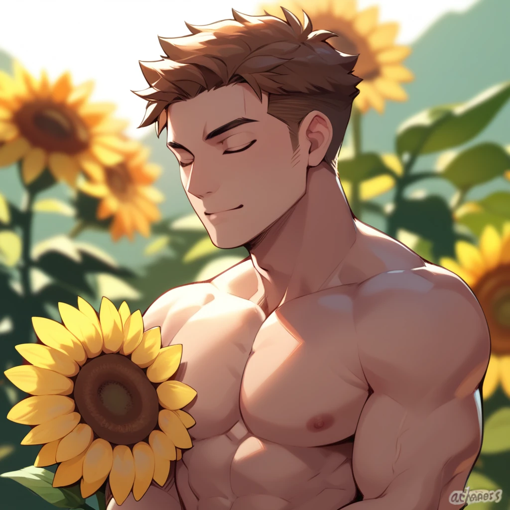 score_9, score_8_up, score_7_up, rating_explicit, source_anime, Score_9, Score_8_up, Score_7_up, male focus, male only, =w=, :3, = =, eyes closed, sunflower, masterpiece