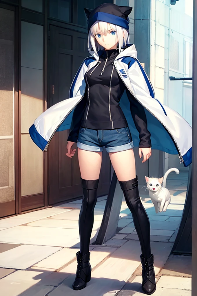 (masterpiece), (best quality), 1 girl, 20 years old , standing, from front, full body, zip hoody, shorts, knee boots, short hair , white hair, blue eyes, silver hair, looking at viewer,cat knit hat