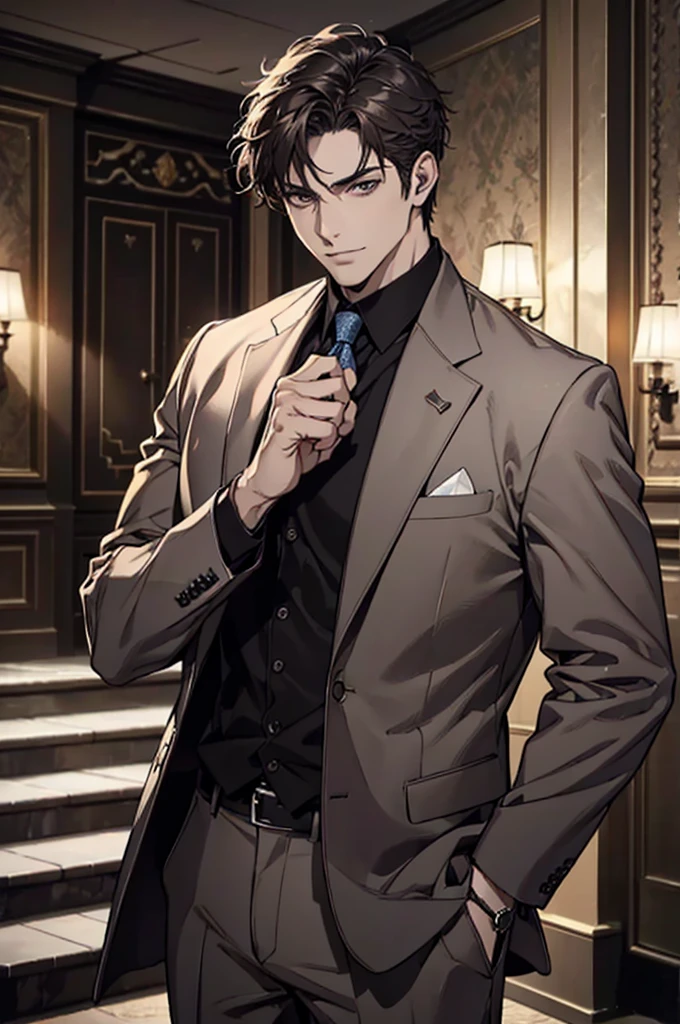 A handsome man in a brown gray suit, a bodyguard in dark clothes, two people walked up the stairs of the villa to the living room, perfect face, perfect hands, (best quality, 4k, 8k, highres, masterpiece:1.2), ultra-detailed, (realistic, photorealistic, photo-realistic:1.37), HDR, UHD, studio lighting, ultra-fine painting, sharp focus, physically-based rendering, extreme detail description, professional, vivid colors, bokeh, (portraiture)