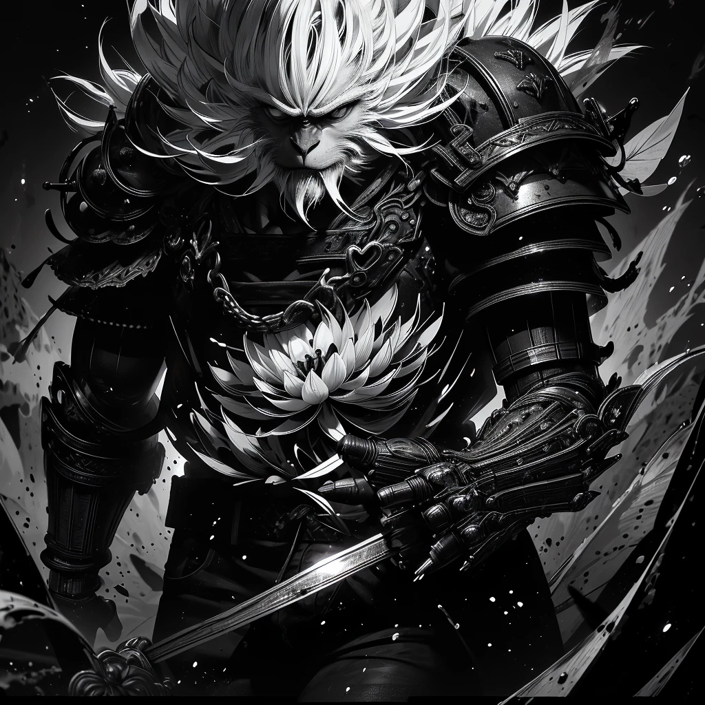 Highest quality,(Black and white painting),splash,Splash Art,Anthropomorphic male monkey,Wukong,Detailed shoulder armor,gauntlet,(A richly decorated iron bar in his hand,Ruyi stick,Nyoibou),(Dahlia flowers:1.1 Walking in flames),