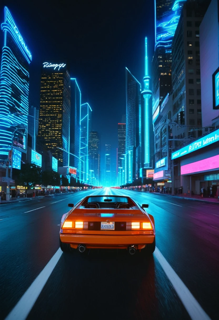 3: 1980s - Modernization and Speed
"Create a high-quality image of a 1980s sports car, featuring sharp angles and a low, aerodynamic profile. The car is driving on a neon-lit city street at night, with glowing billboards and towering skyscrapers in the background. The scene is energetic and dynamic, capturing the speed and modernity of the era."