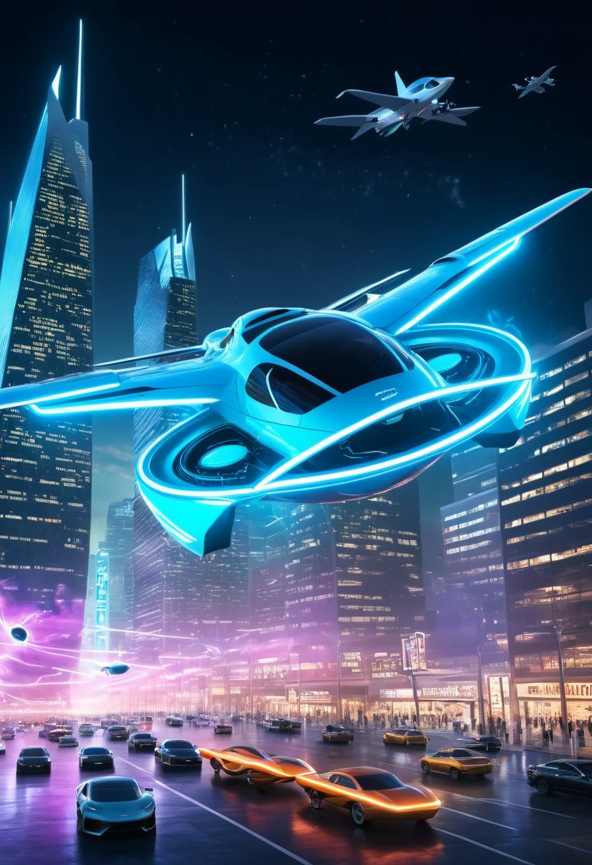 2050s - The Flying Car Concept
"Create a hyperrealistic image of a futuristic flying car from the 2050s, blending elements of both a car and an aircraft. The vehicle hovers above a bustling, neon-lit cityscape, with glowing thrusters and wings extended. The city below features advanced architecture with floating platforms and holographic billboards. The scene is vibrant and imaginative, representing the pinnacle of automotive evolution."