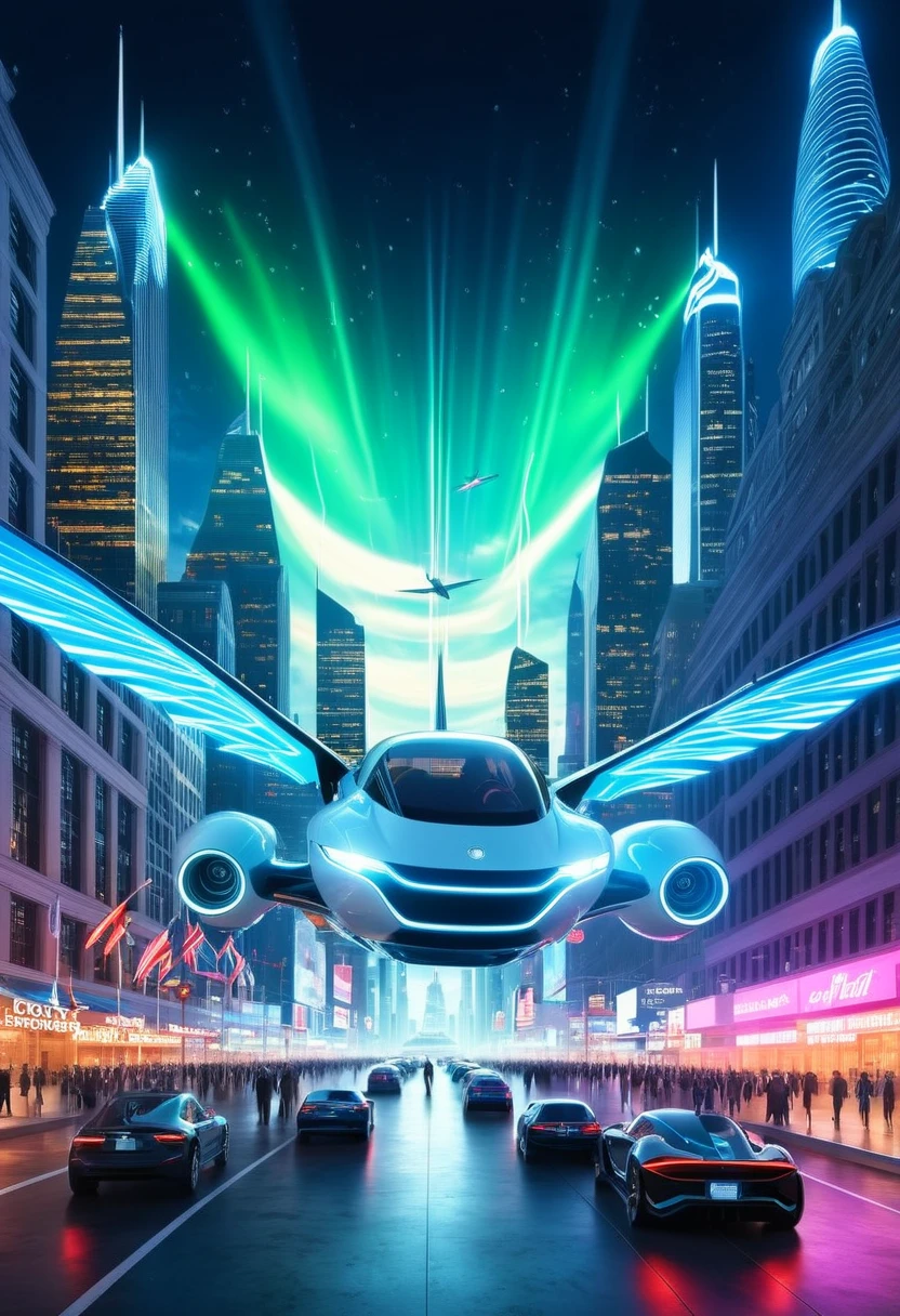 2050s - The Flying Car Concept
"Create a hyperrealistic image of a futuristic flying car from the 2050s, blending elements of both a car and an aircraft. The vehicle hovers above a bustling, neon-lit cityscape, with glowing thrusters and wings extended. The city below features advanced architecture with floating platforms and holographic billboards. The scene is vibrant and imaginative, representing the pinnacle of automotive evolution."