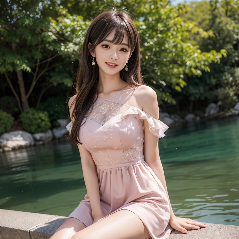 laughing out loud，knee shot, The background is the lake，Cute dress worn by Japanese idol singer，1 female, light brown hair, blunt bangs, hair behind ears, Shoulder-length hair, long hair, Slender body type, 超face slimming型, face slimming, delicate lips, beautiful eyes, Thin blush, Eyes are light brown,View here, (actual:1.3), One person's perspective, 8k, Super detailed, high quality, best quality, High resolution，2,above knee shot, Breasts can be seen protruding under clothes，Big ，lace dress，mesh skirt