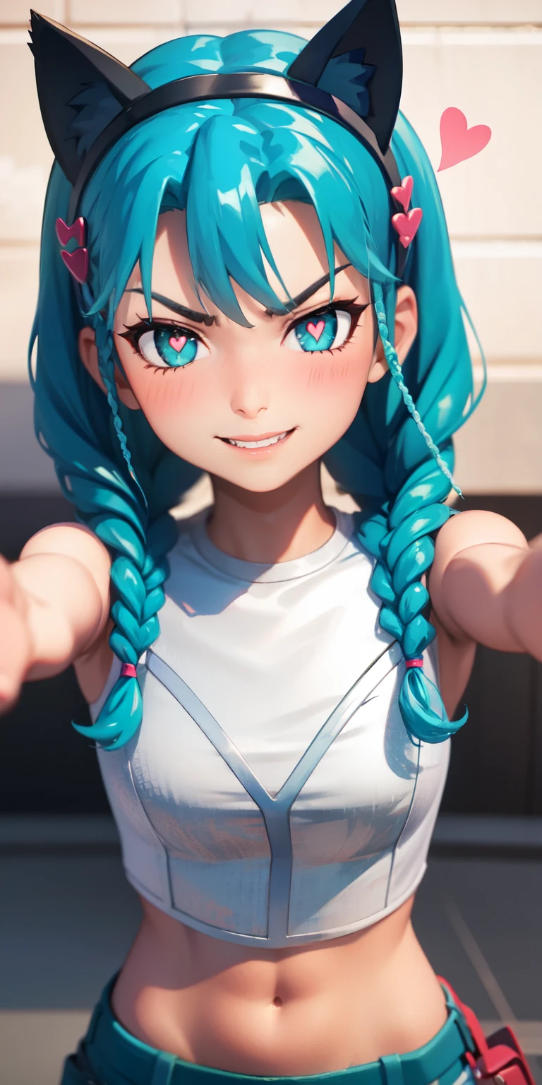 heart-shaped pupils, heart-shaped_pupils, 1girl, aqua hair, twin braids, short hair, aqua eyes, aqua eyeshadow, (blush:1.1),upper body,heart, (speed lines:1.1),medium breasts, outstretched arms, love, navel, cat ears headband, fake cat ears, hairband, white crop top, angry, smile, looking at viewer, facing viewer