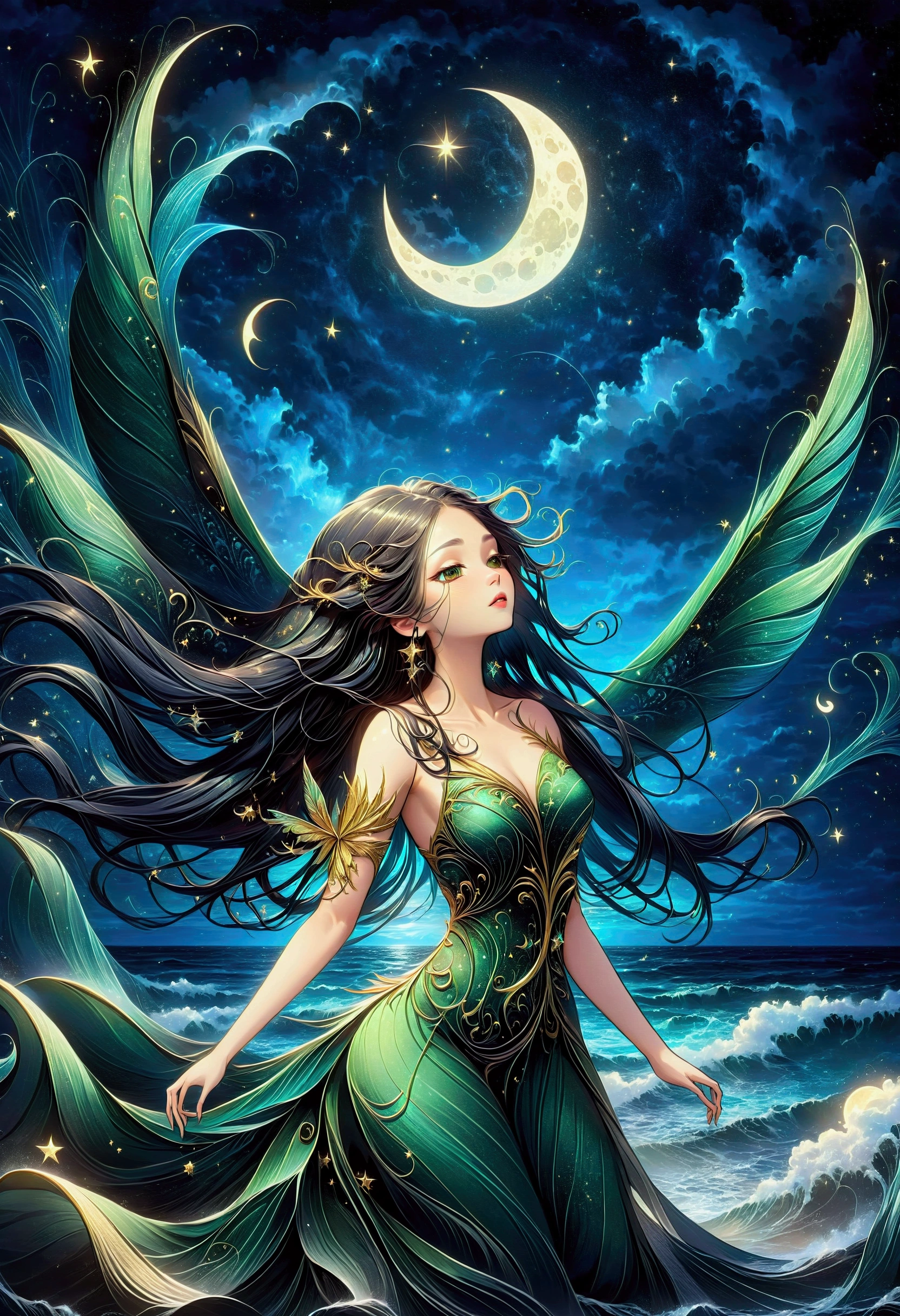 Mysterious bird winged siren, long flowing hair, ocean waves, moonlight, stars, ethereal, seaweed, enchanting, eerie, ancient magic, singing, musical notes, moonlit night, clear sky, scattered clouds, serene, haunting, fantasy art, digital art, high quality, detailed