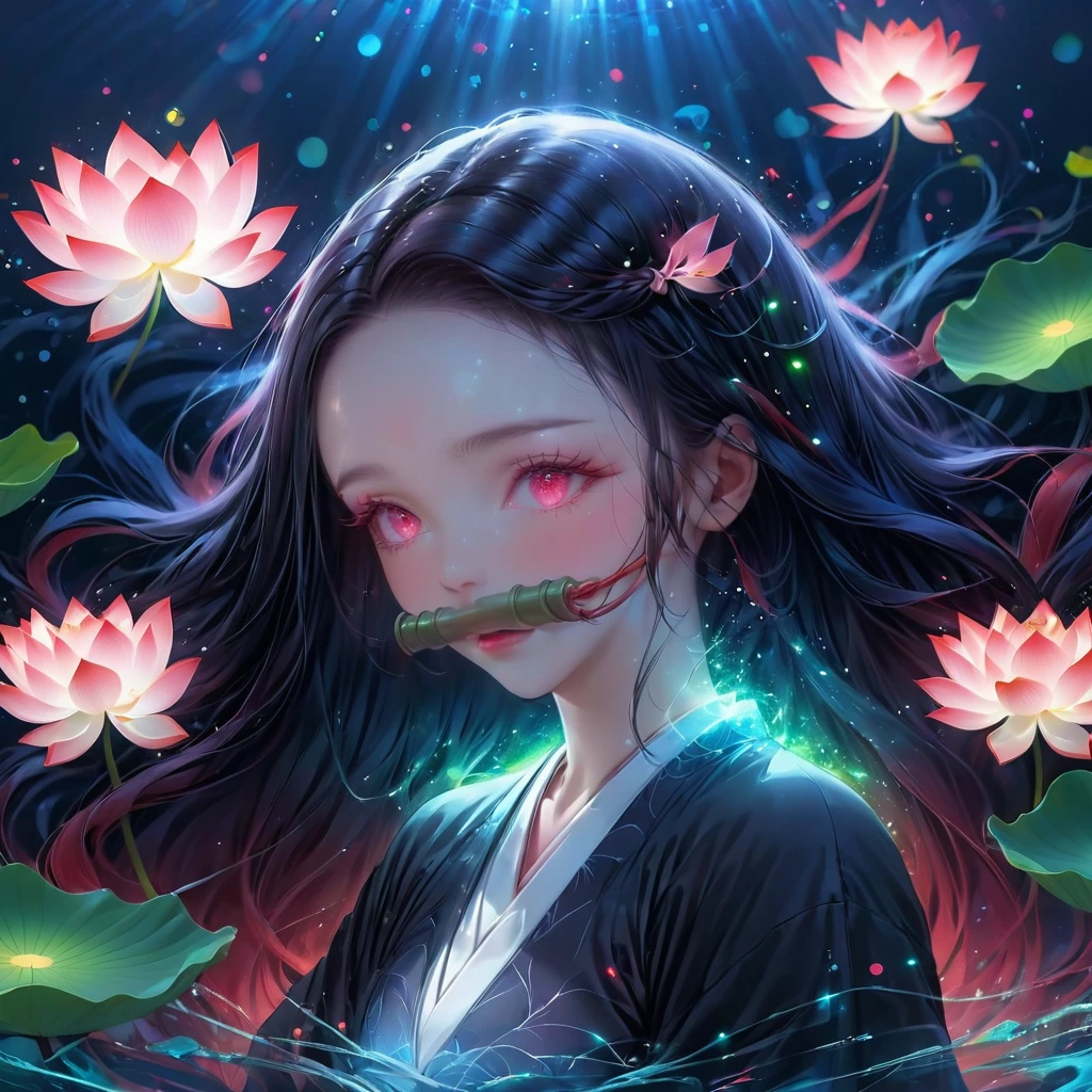 (masterpiece, Highest quality:1.2), In digital art style, Attractive illustrations,1 girl, Grace，alone，Body Glow，Shining lotus，Glowing Lines，fluorescence,Glow Example，Tracking example，flash，萤Particles of light，Backlight，translucent，Particles of light，Correct human anatomy，Kimono with pink hemp leaf pattern、Black Haori、long hair、Black and red gradient hair、Pink Eyes、Cat pupils、cute、Beautiful forehead,Ultra-clear