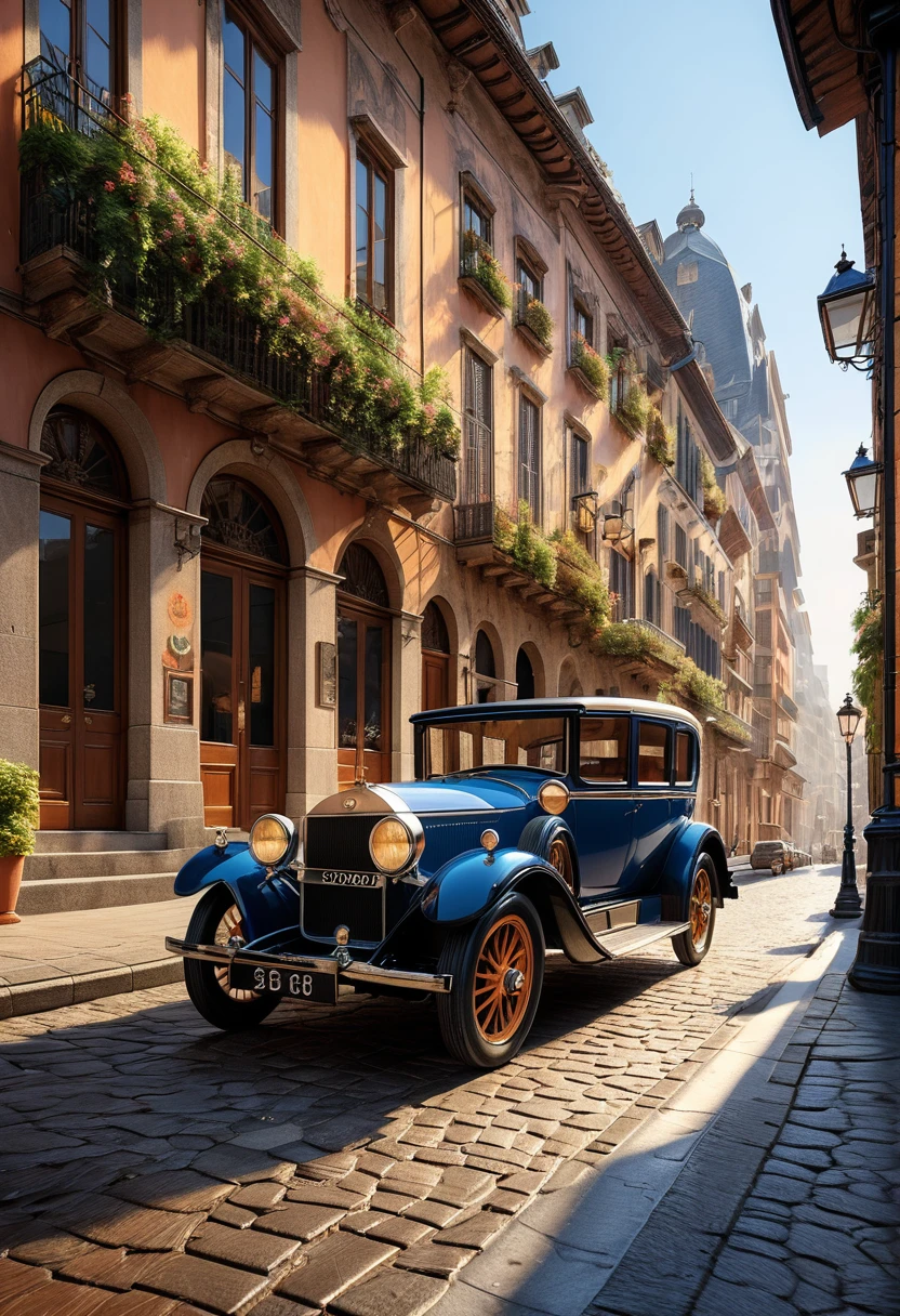 1900s - Early Automobile Era "Create a high-quality image of an early 1900s vintage car, with a boxy design and large, spoked wheels. The car is set against a backdrop of a cobblestone street with gas lamps and classic brick buildings, capturing the essence of the early automobile era. The overall color palette is muted with sepia tones, evoking a sense of history and nostalgia."