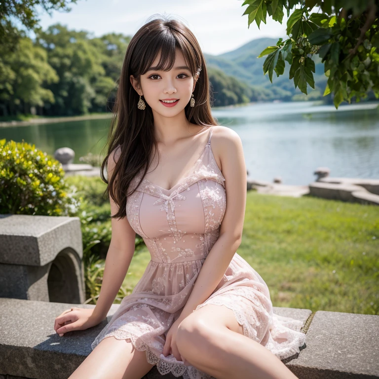 laughing out loud，knee shot, The background is the lake，Cute dress worn by Japanese idol singer，1 female, light brown hair, blunt bangs, hair behind ears, Shoulder-length hair, long hair, Slender body type, 超face slimming型, face slimming, delicate lips, beautiful eyes, Thin blush, Eyes are light brown,View here, (actual:1.3), One person's perspective, 8k, Super detailed, high quality, best quality, High resolution，2,above knee shot, Breasts can be seen protruding under clothes，Big ，lace dress，mesh skirt