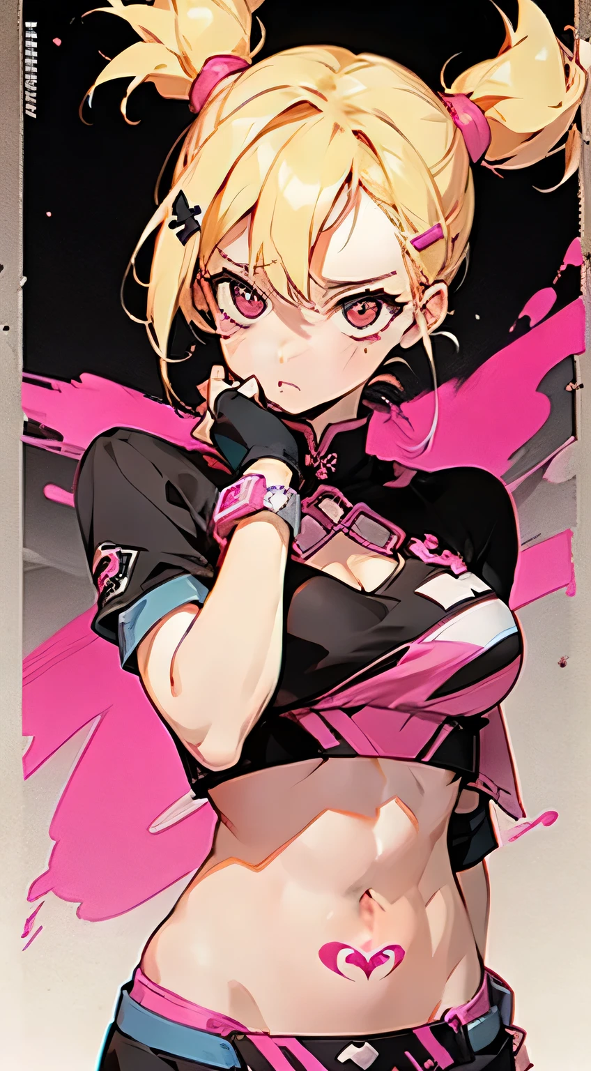 1 girl, Blonde hair, Blonde Woman, Pony tail, bright pink eyes, PastelColors, big breastes, Cute Hair Clips, body tattoos, Supple abs、Navel、Bracelet in hand, Movie Posters、It depicts a young woman as the central character。She stands confidently in the center of the poster，nudde，with determined expressions on their faces。Dark and grainy background，There is a sense of crisis and a strong sense。The text turned out to be bold、Attracted attention，With catchy slogans，Adds overall drama and excitement。The color palette is dominated by dark colors，Dotted with bright colors