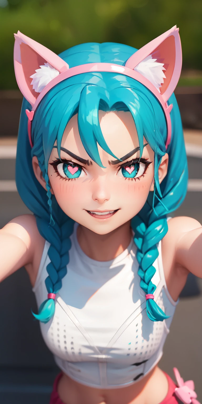 Beach background, heart-shaped pupils, heart-shaped_pupils, 1girl, aqua hair, twin braids, short hair, aqua eyes, aqua eyeshadow, (blush:1.1),upper body,heart, (speed lines:1.1),medium breasts, outstretched arms, love, navel, cat ears headband, pink headband, fake cat ears, hairband, white crop top, angry, smile, looking at viewer, facing viewer