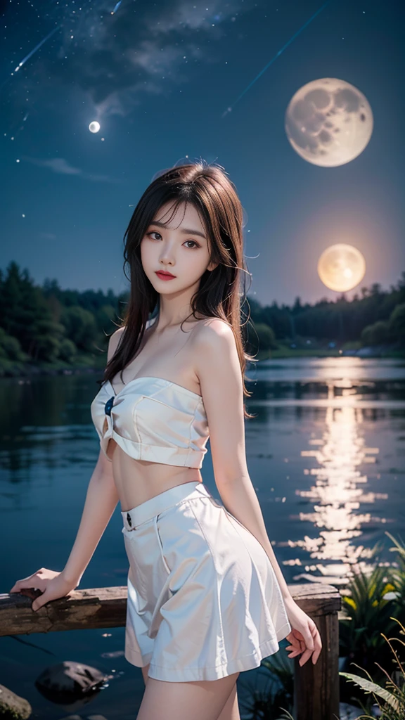 ulzzang-6500-v1.1, (RAW photo: 1.2), (Real photo), (Real photo: 1.4), 1 girl、Perfect anatomy、1、Looking at the camera、Medium length hair、white skirt, beside a vast lake in the middle of a wild forest, ((under the night sky with moon and stars: 1.1))、 (Business service)、Asian eyes Ella,