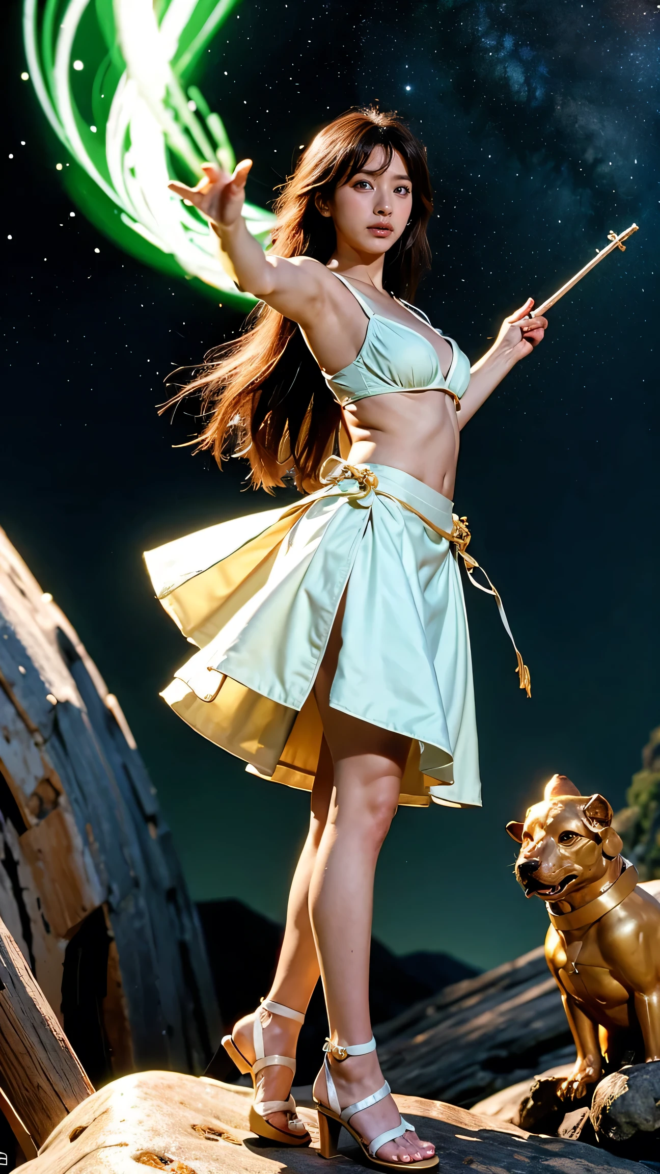 ((Highest quality, 8k, masterpiece: 1.3)),（リアル8k）whole body、Higher dimensional beings of the universe、green light、Fertility Goddess,((Goddess Character:1.2),Starry sky background,The stars are shining brightly,A solemn and profound atmosphere,Semina Long Hair、Green bikini armor、White Skirt、Sandals、Holding a wooden walking stick、Diversity、Serious expression、Action pose