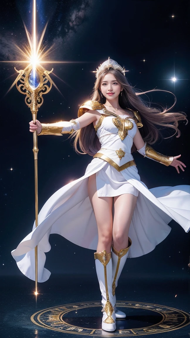 1girl, The Universe, Space Goddess,God's Law, Goddess of Love, Selflessness、Dedication、Sacrifice、prayer、acceptance、Salvation、White Magic, Mystical veil, Goddess in white armor、White armor with gold edges、White Skirt、White Boots、He is holding a shield.、Circlet、Absorbs the laser beam、Emits white energy in all directions、smile、Are standing、Full body photography