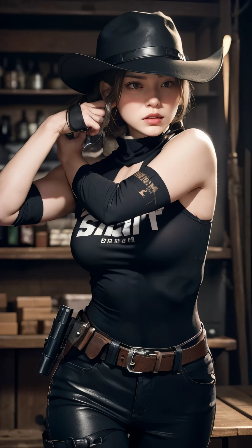 A female sheriff with a gun in the world of Western movies shows sharp tension and determination. Her expression is calm, and she looks at her opponent as if she is catching her prey. Her eyes are still, her sharp gaze shines, and she does not miss her opponent's movements. Her tanned skin is not sweaty, and she looks like a professional who is used to any harsh situation. Her hair, which is blowing in the wind, is tied tightly under her hat so that it does not fly around and does not fall on her face. Her clothes are practical yet stylish. Her leather suit fits her body well and is a little worn, but it is a testament to her long journey and many battles, and on the contrary, it highlights her toughness. Her shirt sleeves are rolled up to her elbows, and you can see the muscles in her arms tensed. The revolver in the holster is held firmly in both hands, and there is no hesitation in her fingers on the trigger. The ammunition is equipped on her waist belt, and she is always ready for the next attack. His posture is perfectly balanced. Her feet are shoulder-width apart, and her weight is shifted slightly forward, so she can move quickly. His hands are steady, holding the gun firmly in place, the muzzle pointed precisely at the target, his shoulders relaxed but his elbows firmly planted, ready to withstand any recoil, his face sharp and lips tight, conveying determination and composure.