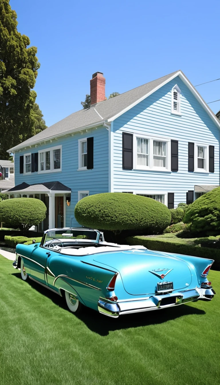 1950s - Classic Car Boom
"Generate a detailed image of a sleek 1950s classic car, with a chrome finish and iconic tail fins. The car is parked on a quiet suburban street, surrounded by modest, neatly trimmed lawns and muted-colored houses. The overall scene has a soft, slightly desaturated color palette, reflecting the calm and simplicity of mid-20th century suburban life, with a nostalgic and understated atmosphere."