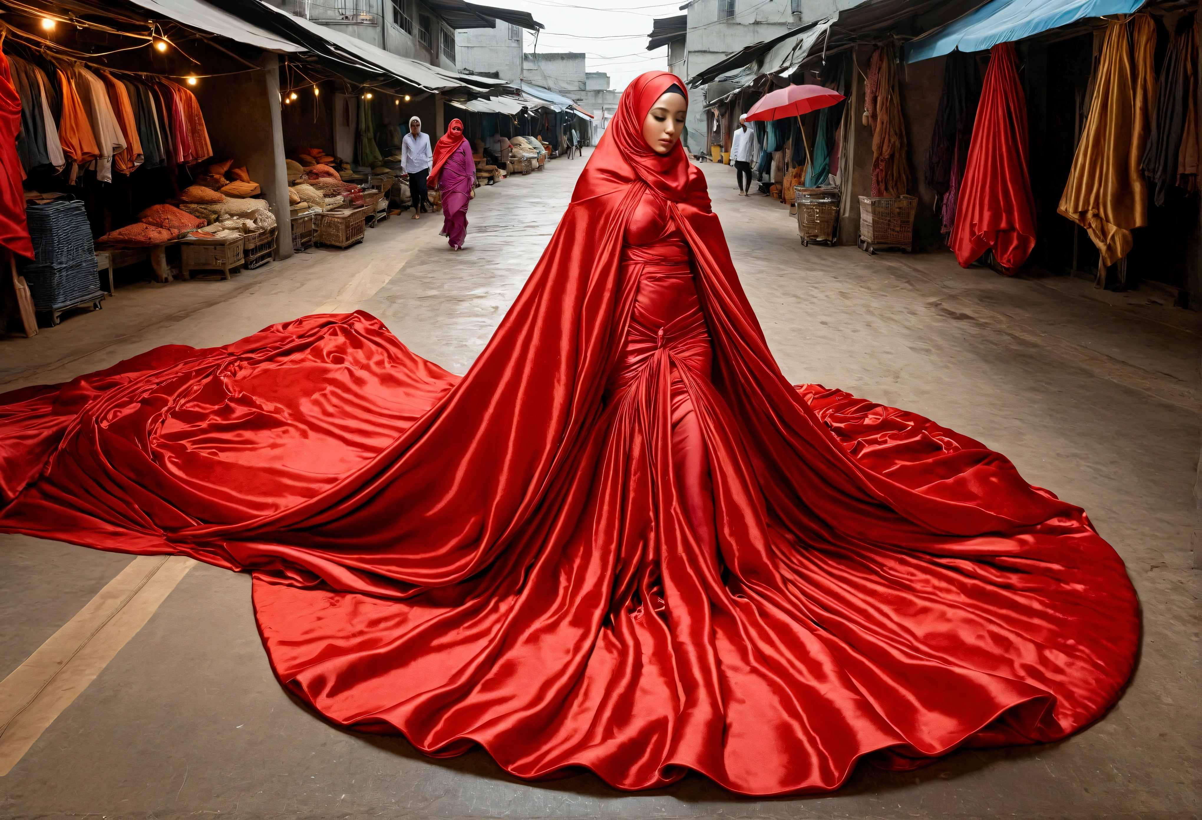 A woman shrouded in a 9-meter-long, plush transparent red satin cloth, tightly bound and grandly draping along the form of her body, flowing off into a pooled floor-length train, styled in a mermaid-inspired outfit, her head modestly veiled in a satin hijab, 175 height woman, walk in indonesian vilage street, a full-body pose conveying a sense of elegance, captured in a 4k resolution, ultra-realistic