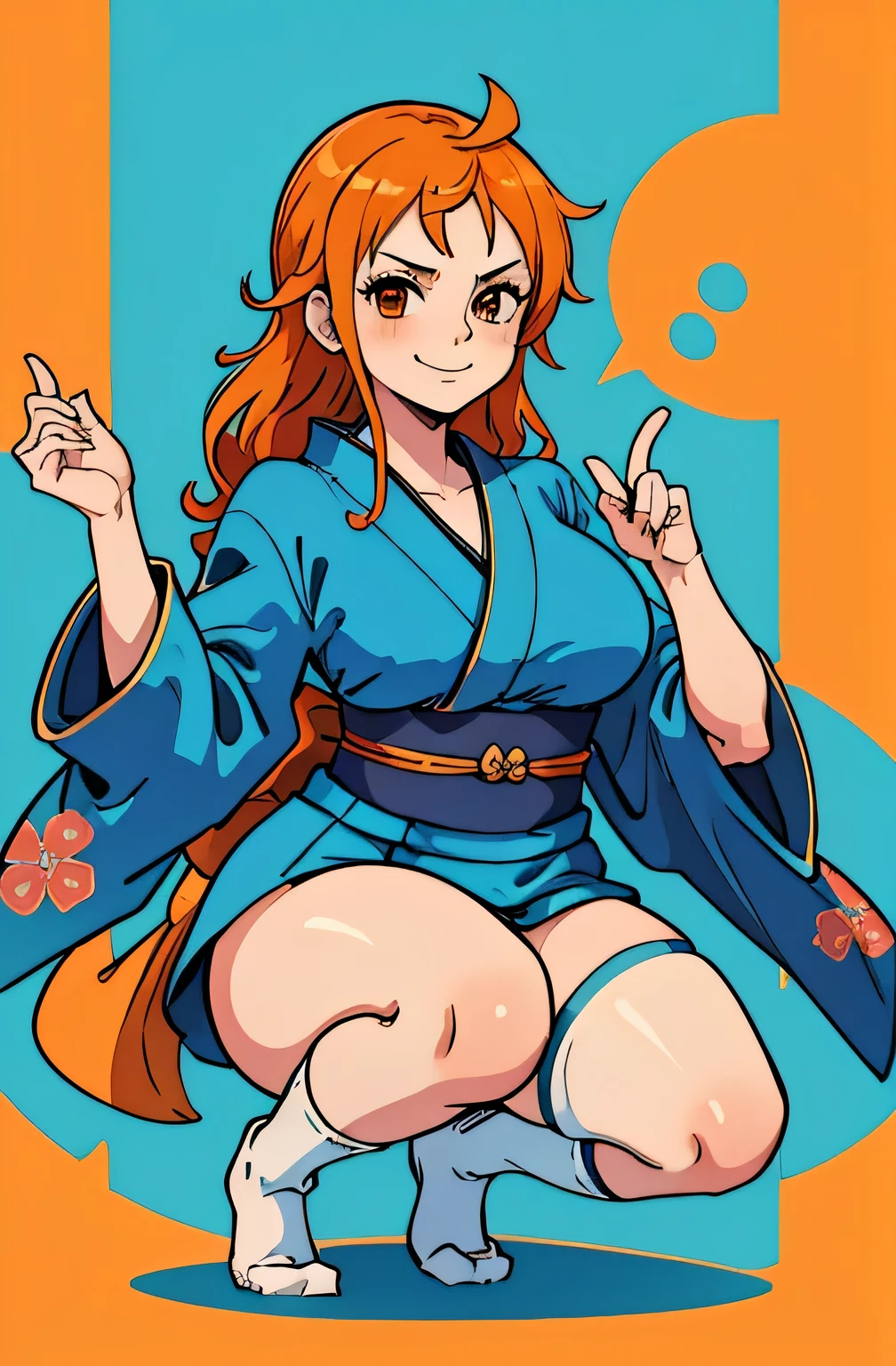 nami, masterpiece, best quality, highres, 1girl, blue kimono, short kimono, high socks, blue socks, thigh highs, smug smirk, orange hair, no shoes, large breasts, crouching pose, left leg bent, right leg extended outwards