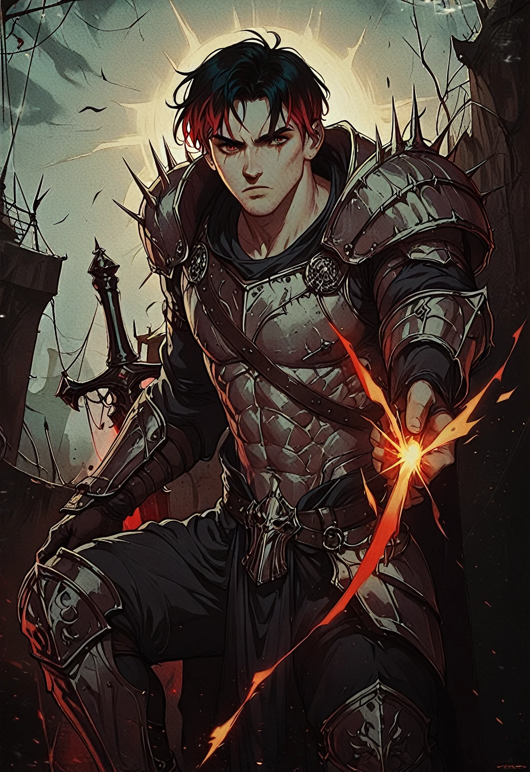 A warrior clad in dark, battle-worn armor sits amidst the chaos of a battlefield. He holds a large sword firmly in one hand, while his other arm, prominently muscular and glowing red, suggests immense power. Embers and sparks fill the air, giving the scene a dramatic and intense atmosphere. Dark shadows and figures loom in the background, under a tumultuous sky. The lighting highlights the rugged textures of his armor, emphasizing the gritty reality of the battle.