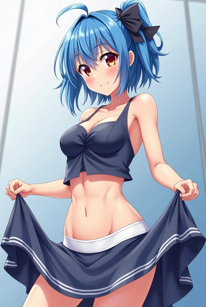NSFW,masterpiece,Highest quality,High resolution,Super detailed,Star Town Suisei\(Hololive\),Blue Hair,One Side Ponytail,Blue Eyes,Small breasts,Track and field club,Descente Bra Top,Descente One Point Shorts,Streaks,School,locker room,bench,Embarrassed,blush,(In heat),sexual excitement,Seduce,Expecting face,Spread your legs,(Masturbation)