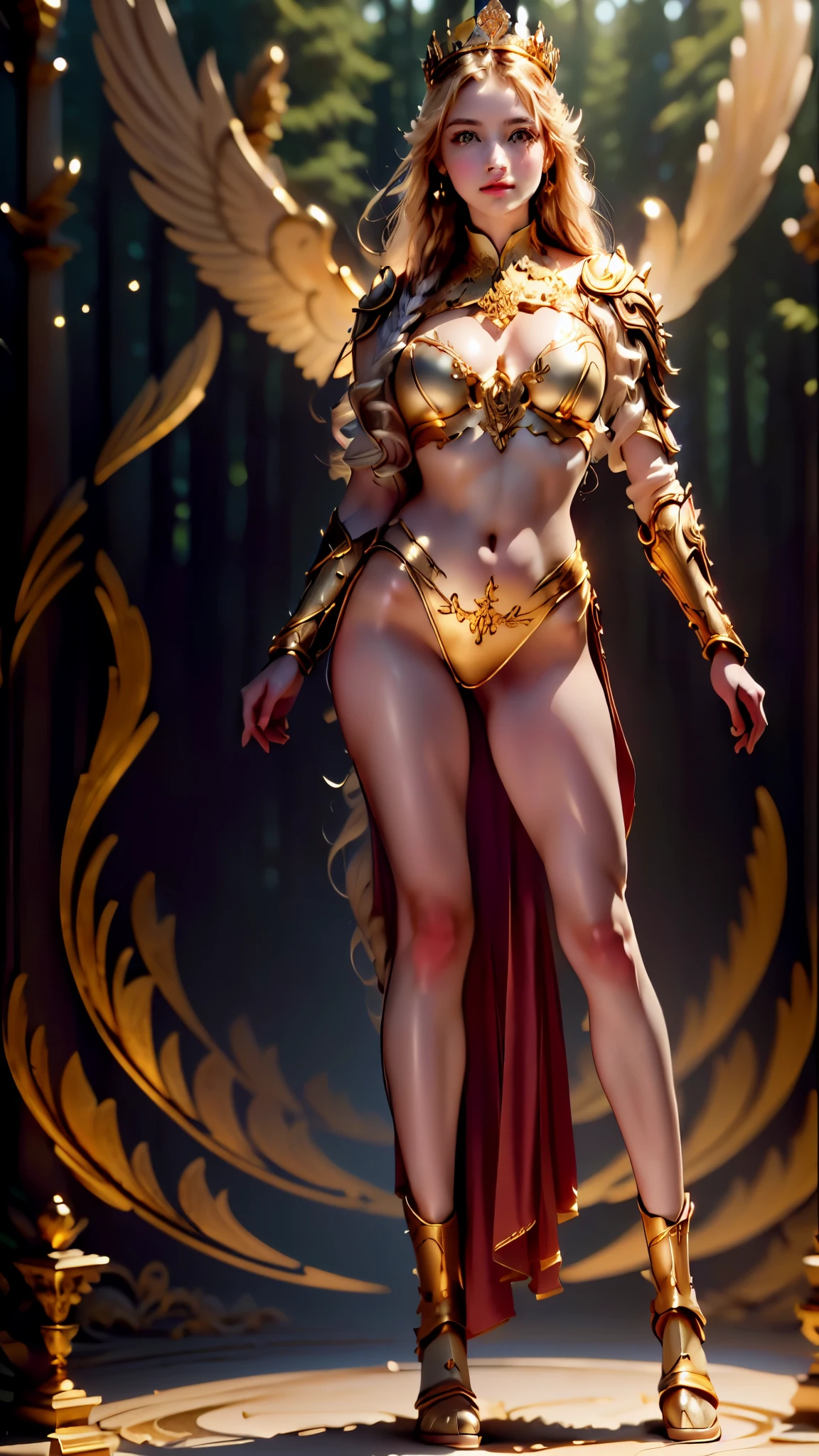 ornate gold crown, long white braided hair, elegant white and gold armor with intricate details, standing pose, outdoor natural lighting, soft shadows, mystical and regal atmosphere, shallow depth of field, sharp focus on subject, blurred forest background, well-balanced exposure. (full body:1.8), (upper body up:0.3), (hyper realistic:1.4), (realistic:1.3), (best quality real texture skin), Detailed eyes, detailed face, PERSEPHONE, (SFW:1.5)