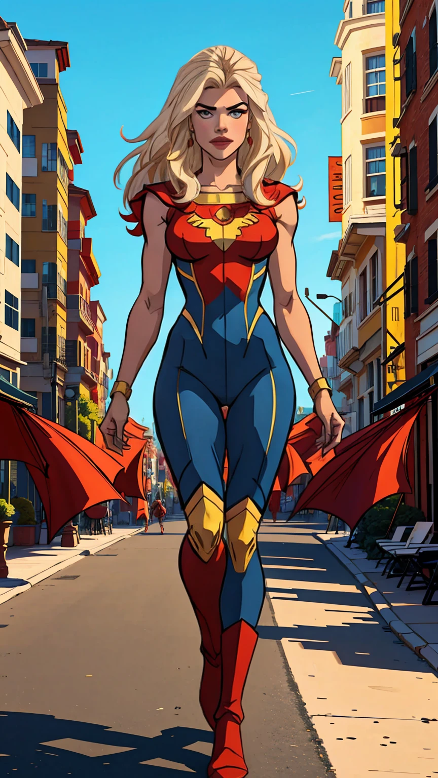 ((full body shot, standing, feet on the ground)) She-Ra, (best quality, 4K, 8K, high resolution, cyclist body, art: 1,2), ultra detailed, (realistic, photorealistic, photorealistic : 1.37), full body photo, high boots, voluminous hair, beauty pose, standing, feet showing, outdoors, flying through the city during the day, black, red and white
