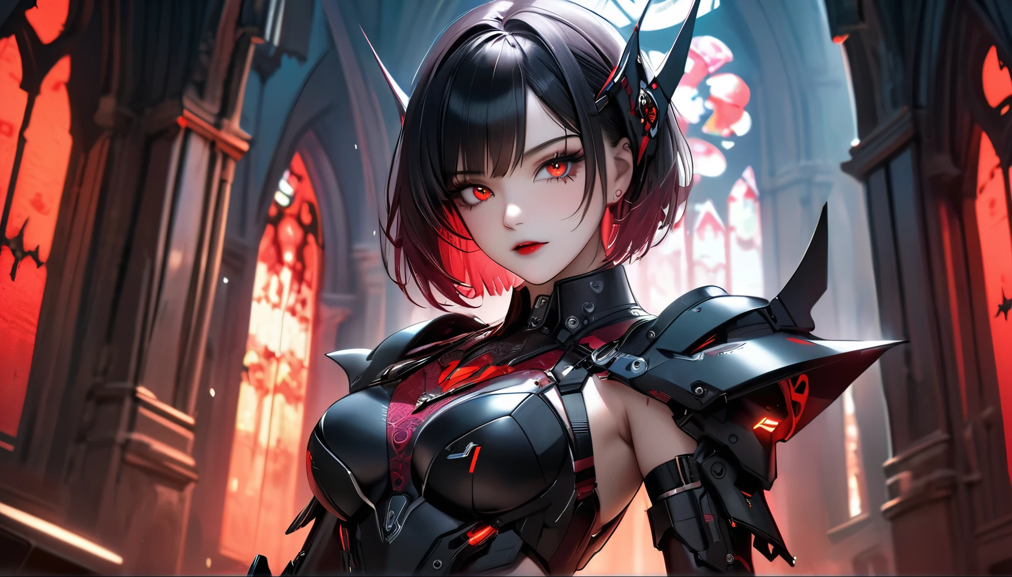 a portrait of mecha female vampire in a dark gothic cyberpunk church, an exotic exquisite beautiful mecha female vampire, dynamic hair color, short hair, dynamic eyes color, intense eyes, glowing eyes, dynamic eyes color, wearing intricate mech armor, delicate mech armor, delicate blood veins in the armor, wearing thigh high heeled boots, dark gothic cyberpunk church background, vibrant, Ultra-high resolution, High Contrast, (masterpiece:1.5), highest quality, Best aesthetics), best details, best quality, highres, 16k, (ultra detailed: 1.5), masterpiece, best quality, (extremely detailed) RAW, (ultra details, Masterpiece, best quality), Atmospheric Perspective,