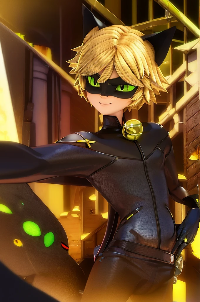 3d, disney style, render, hd, super cat, chat noir, cat noir, (ladybug character)
1 boy, solo, blond hair, black super hero mask, black cat ears, black latex costume, golden bell, green cat eyes