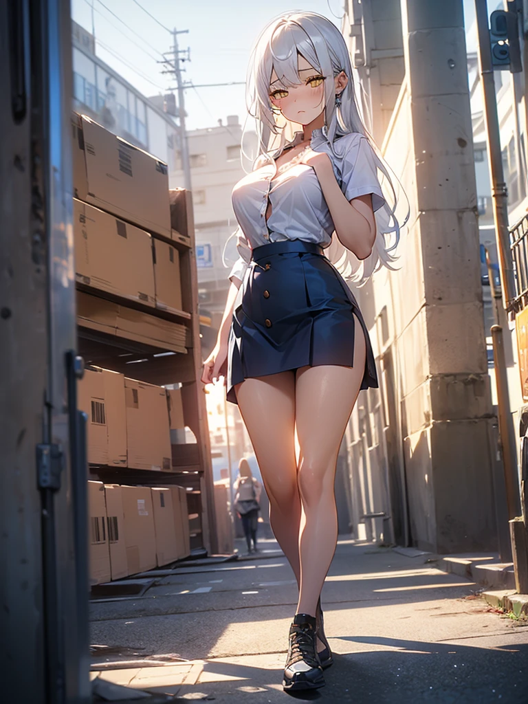 Girl, solo, Full Body, Long hair, white hair, Yellow eyes, sad face, eyes almost closed, Breasts, big Breasts, Large breasts, big Butt, white Button shirt, two Buttons popped out, Tight shirt, Short Skirt, Tiny Skirt, Dark BLUE skirt, tight Skirt, exposing your hands on your chest, in a public walmart