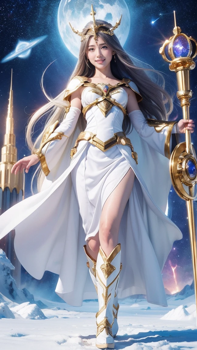 1girl, The Universe, Space Goddess,God's Law, Goddess of Love, Selflessness、Dedication、Sacrifice、prayer、acceptance、Salvation、White Magic, Mystical veil, Goddess in white armor、White armor with gold edges、White Skirt、White Boots、He is holding a shield.、Circlet、Absorbs the laser beam、Emits white energy in all directions、smile、Are standing、Full body photography