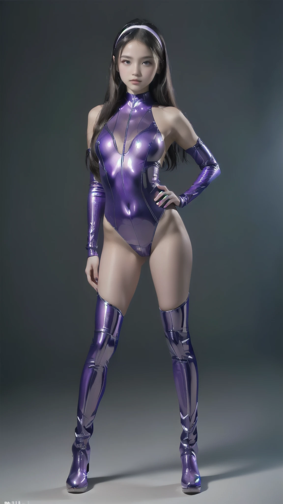 shiny purple bodysuit, matching thigh-high boots, long straight hair with a headband, hand on hip, standing, smooth skin, removable arm sleeves, studio background, cool lighting, confident posture, slight front view angle, sharp focus on subject, well-balanced exposure, futuristic and bold atmosphere,  (1 0 years old), (tan, petite,  chibi, sd character:1.1),  (full body:1.8), (upper body up:0.3), (hyper realistic:1.4), (realistic:1.3), (best quality real texture skin), Detailed eyes, detailed face, PERSEPHONE, (SFW:1.5)