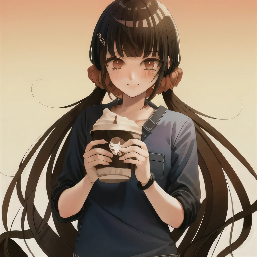 Bisexual Futa Maki Harukawa, Holding starbucks coffee, solo, bangs, Cafe background, upper body, looking at female viewer with shy blushing smile. Holding starbucks coffee! 