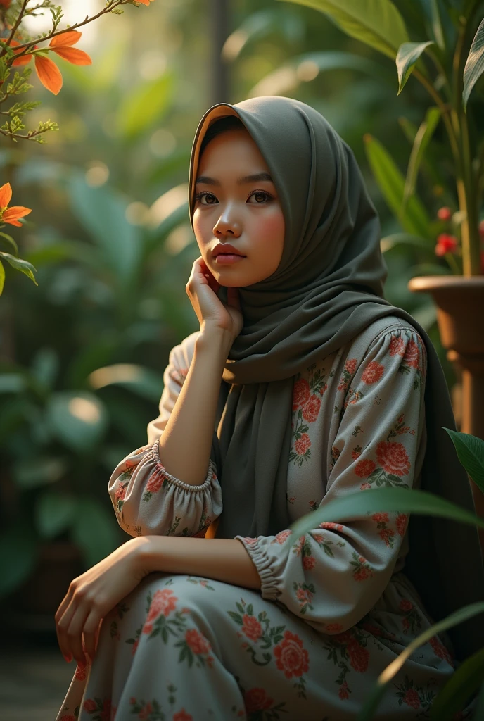 Show a Malay female, pose beside a tree. Hugging herself. Wearing hijab, tighted tee and leggings.