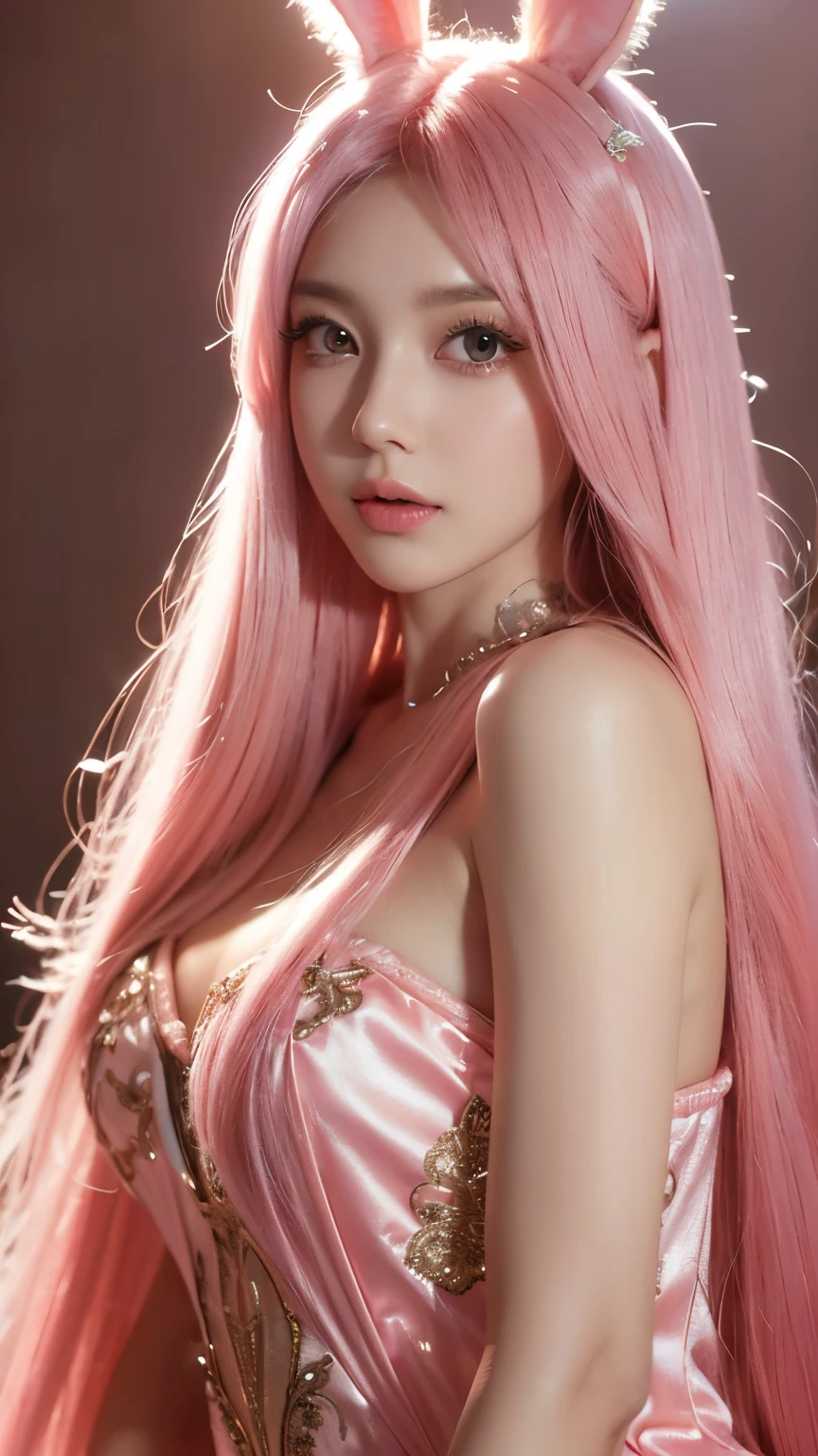 Adorable and innocent face, fair skin, (long pink hair), magenta eyes, slender European young woman, pink gold rose gold color theme, anatomically correct, realistic proportions