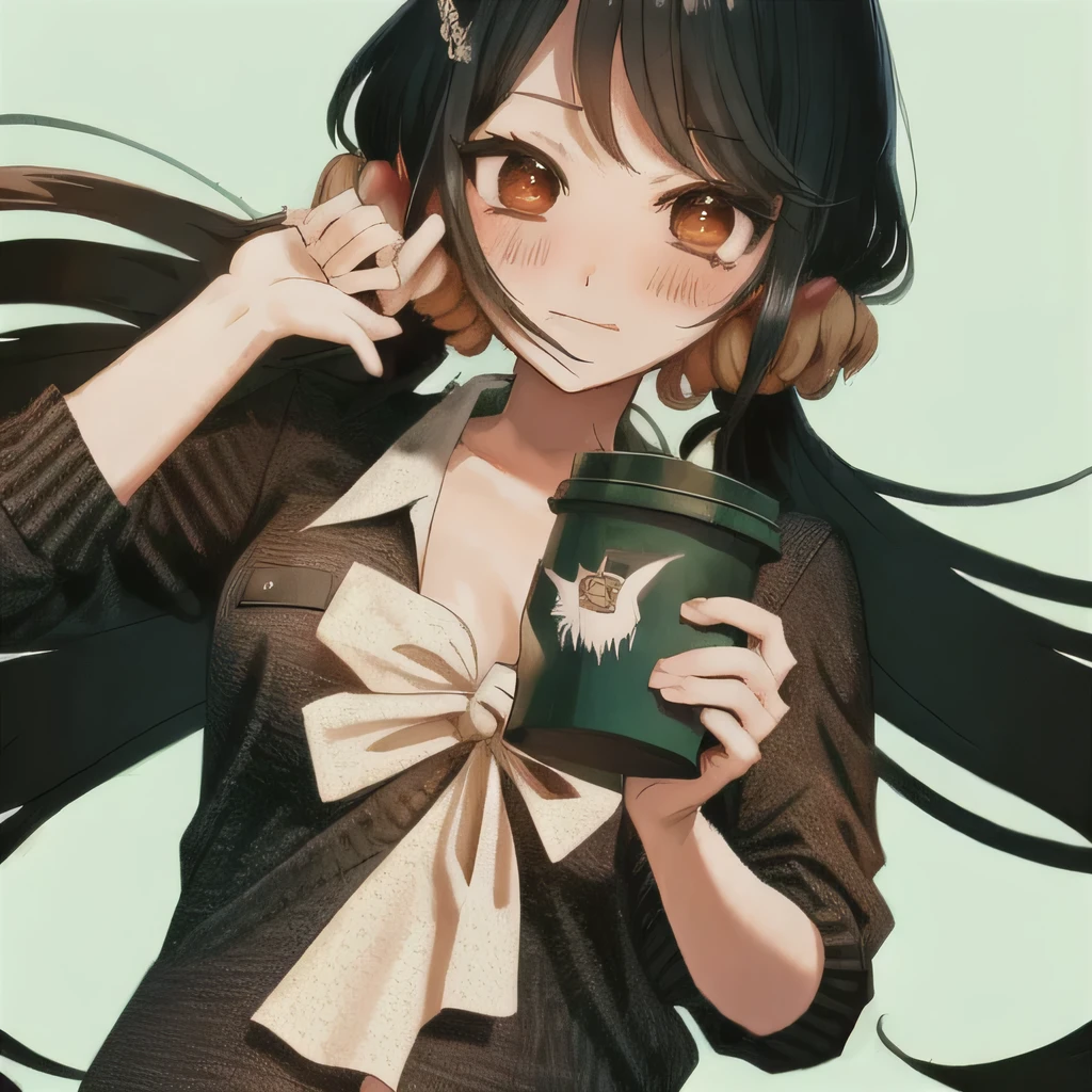 Bisexual Futa Maki Harukawa, Holding starbucks coffee, solo, bangs, white background, upper body, looking at female viewer with shy blushing smile. Holding starbucks coffee! 