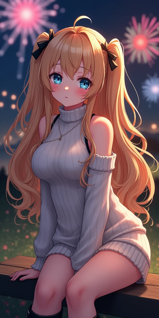 (best quality, ultra-detailed, photorealistic: 1.39), bright and vibrant colors, studio lighting, romantic expression, An effeminate girl, with a delicate and beautiful face. She is a girl who reflects seductive beauty, sparkling eyes, A Beautiful and adult tattooed woman and voluminous curly blonder hair, hair clip, crying a seductive 2 woman with big breasts seduces, matches the makeup, with her large breasts seduces, Turtleneck sweater, white wool, sleeveless, beautiful sweater dress, sitting, with beautiful legs, ankle boots, with her blue eyes that matches her soft smile, beautiful style, in a beautiful pose demonstrating her seduction on the in the park at night, beautiful event style decoration with lights and fireworks, night with soft lighting, anime style, like a manwha character