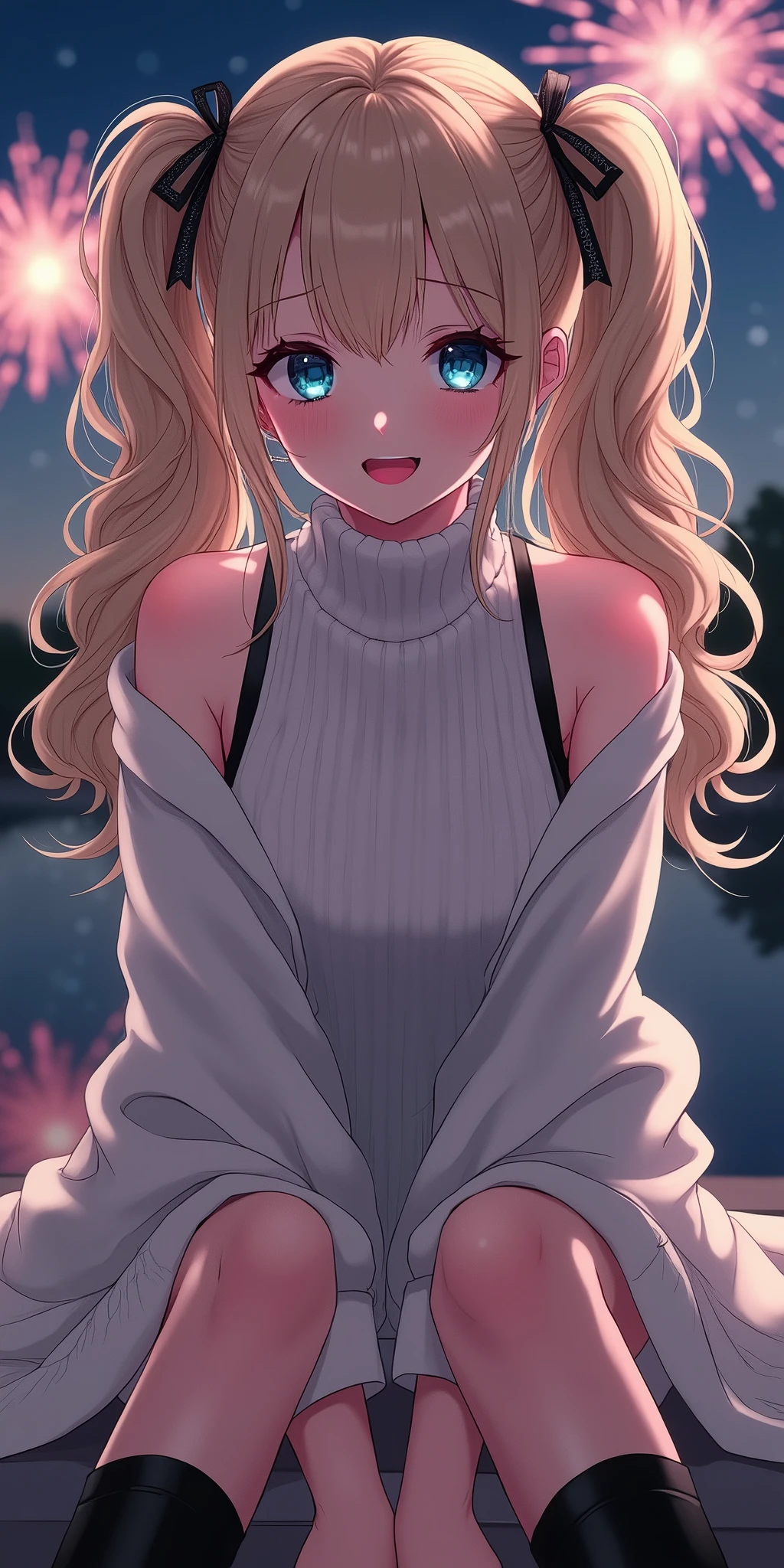 (best quality, ultra-detailed, photorealistic: 1.39), bright and vibrant colors, studio lighting, romantic expression, An effeminate girl, with a delicate and beautiful face. She is a girl who reflects seductive beauty, sparkling eyes, A Beautiful and adult woman and voluminous curly blonder hair, hair clip, crying a seductive 2 woman with big breasts seduces, matches the makeup, with her large breasts seduces, Turtleneck sweater, white wool, sleeveless, beautiful sweater dress, sitting, with beautiful legs, ankle boots, with her blue eyes that matches her soft smile, black gothic style, in a beautiful pose demonstrating her seduction on the in the park at night, beautiful event gothic style decoration with lights and fireworks, night with soft lighting, anime style, like a manwha character