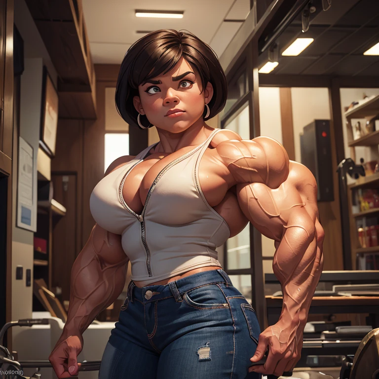 (masterpiece:1.2), (best quality), (ultra detailed), (8k, 4k, intricate),(full-body-shot:1), (highly detailed:1.2),(detailed face:1.2), (detailed background), muscle woman with short, layered pixie cut brunette hair flexing massive muscles, most muscular pose, girl with huge muscles in an 90s movie setting, muscle girl, 90s movie setting