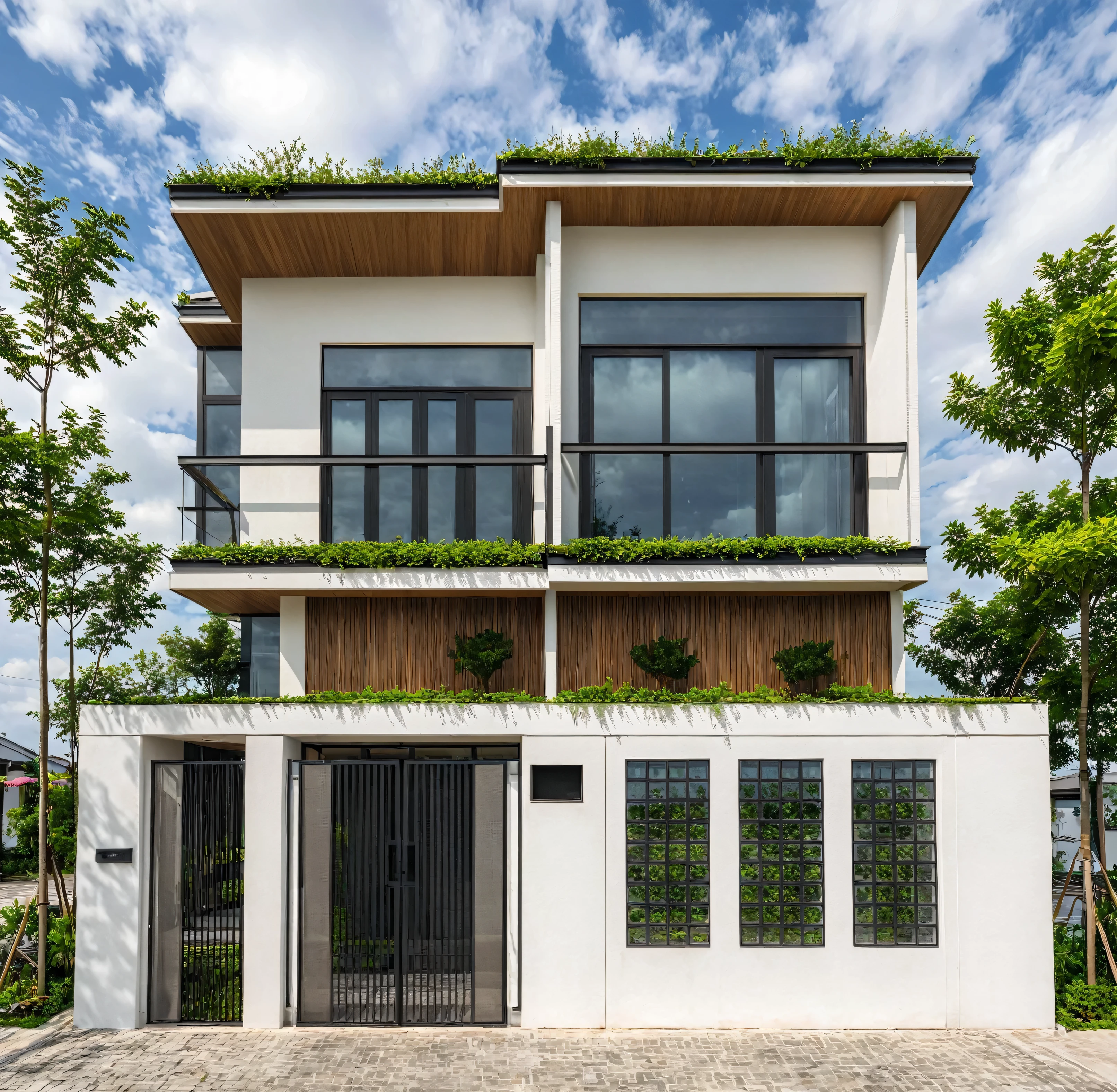 Masterpiece, high quality, best quality, authentic, super detail, outdoors, onestoreyvillaXL, aiai, aiaigroup, wall stone,  house style modern on the street ,stairs, white wall ,road,pavement, grass, trees, sky, cloud, (daylight:1.1)
