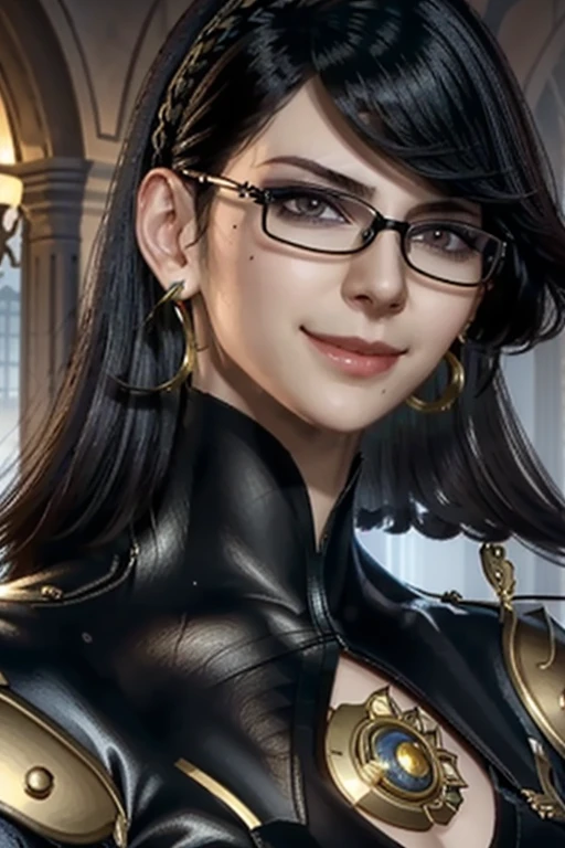 Bayo, Bayonetta, 1 girl, alone, Mole under mouth, Glasses, Black Hair, Mole, jewelry, Compensate, Earrings, smile, eye shadow, Portraiture, Long Hair, lips, lipstick, Grey Eyes,whole body 