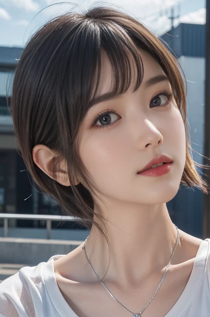 (logo, masterpiece, 8K, Tabletop, RAW Photos, wonderful, 最high quality, Photorealistic and very detailed CG composite 8k wallpaper, high quality, Very detailed, Narrative poem, Particle Effects, Dynamic Effects, Depth of the Boundary, Cinematic Light, Lens flare, Ray Tracing), short hair beautiful young woman, Hair tied back, high detail skin, very fine, fine skin texture, beautiful face, realistic eyes, beautifully detailed eyes, realistic skin, beautiful skin, surreal, smiling eyes, Hair and light eyes, Vibrant, Colorful lights and bokeh. The lighting casts a warm glow on her face and hair, Blue glow, Water surface reflection, Creates a dreamy and magical atmosphere, Big Breasts, Brown Hair, short hair, plump lower lip, pink blush on the cheeks , pink lips, brown tight no-shoulder knit sweater