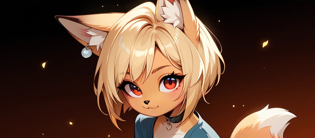 1girl, furry. fox girl, orange fur, cute fox, anthro, short hair, blonde hair, red eyes, earrings on fox ears, dark gradient background, black and dark red gradient background, yellow particles