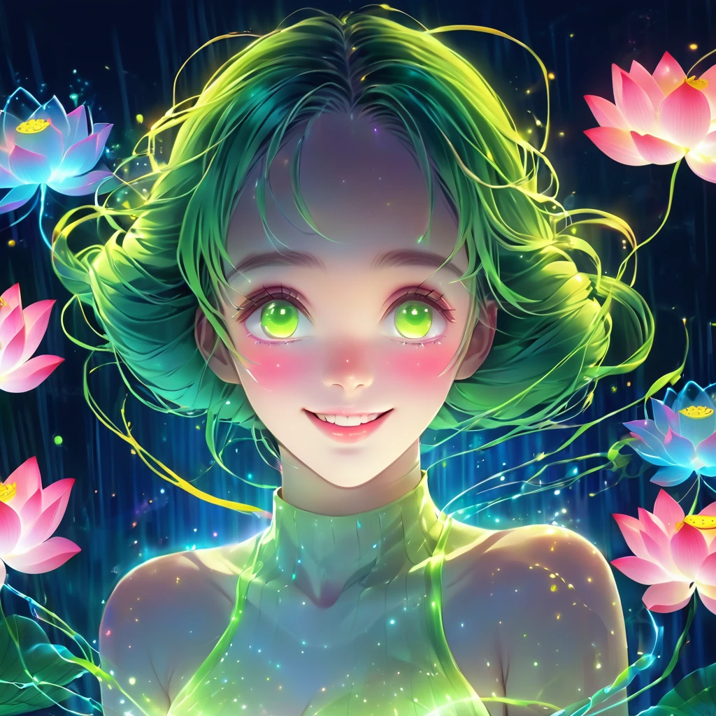 (masterpiece, Highest quality:1.2), In digital art style, Attractive illustrations,1 girl, Grace，alone，Body Glow，Shining lotus，Glowing Lines，fluorescence,Glow Example，Tracking example，flash，萤Particles of light，Backlight，translucent，Particles of light，Correct human anatomy: Open-chested school uniform、Pink and green hair gradient、smile、Mole under both eyes、Green Eyes、Braid、Yellow green long socks,Ultra-clear
